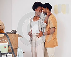 Forehead, pregnancy or black couple embrace in home renovation, diy or house remodel together by apartment. Lovers