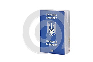 Foreign biometric passport of a citizen of Ukraine. isolated on white color. place for text. template for design