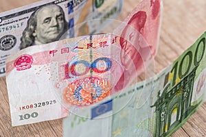 Foreign currency banknotes as background.