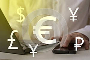 Foreign currency exchange concept, forex trading. Dollar, euro, pound and yen