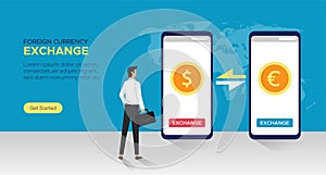 Foreign currency exchange service concept. Money exchange system online on smartphone app vector illustration