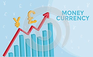 Foreign Exchange Market info graphic with 3d arrow , pound symbol, yen symbol. Forex business concept and Money Currency.
