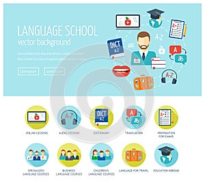 Foreign language learning web design concept for website and landing page. Foreign language school and courses. Web banner. Flat