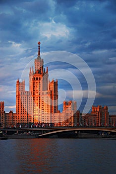 Foreign Ministry, Moscow, Russia, sunset over river, evening cit