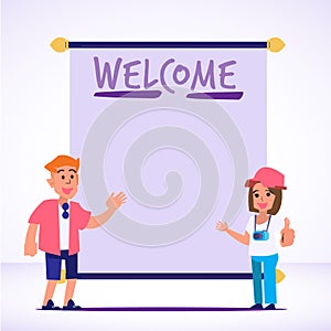 Foreigner tourist with welcome sign - vector