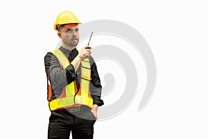 foreman construction engineer worker standing using radio control isolated on white background
