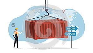 Foreman with Industrial Container Cargo freight ship. import, export and logistics concept, worker control loading Containers