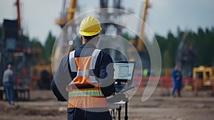 Foreman or Supervisor on construction site in white hard hat and working on tablet PC.