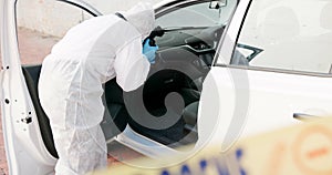 Forensic, investigation and photographer for evidence in crime scene car for accident, burglary and research analysis