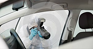 Forensic, investigation and photography of evidence in crime scene car for accident, burglary and research analysis