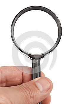 Forensic magnifier in hand on white background.