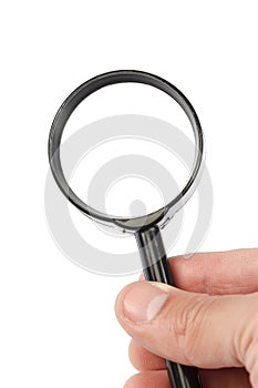 Forensic magnifier in hand on white background.