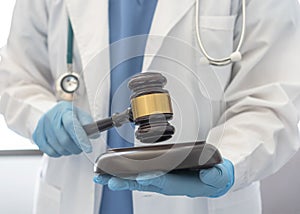 Forensic medicine, science or criminalistics legal investigation or medical practice - malpractice justice concept with judge