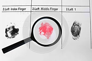 Forensic specialist, detective identifies fingerprints at crime scene with a magnifying glass, police fingerprint card,