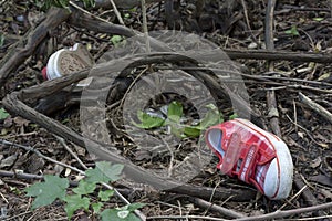 Forensics and investigation kid shoes in the forest photo