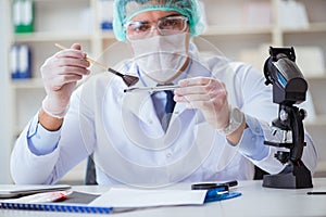 The forensics investigator working in lab on crime evidence