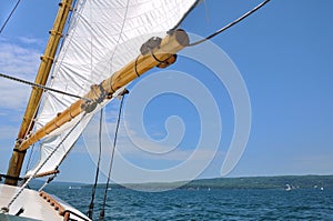 Foresail and Wooden Mast of Schooner Sailboat