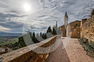 Foreshortening of the medieval city of Pienza in Tuscany Italy photo