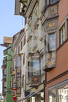 Foreshortening of old decorated bay-windows, Rottweil, Germany