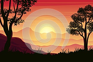 Natural landscape view from the top of the hill at sunset or sunrise time