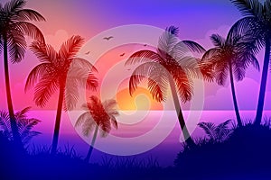 Tropical Beach at Sunset With Palm Trees and bright colorful sky