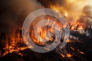 Forest ablaze Fire scene with powerful flames and billowing smoke