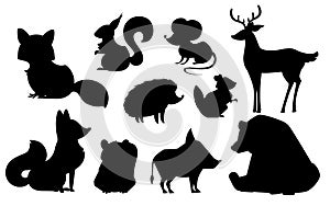 Forest animal set. Black silhouette animal icon collection. Predatory and herbivorous mammals. Flat vector illustration isolated