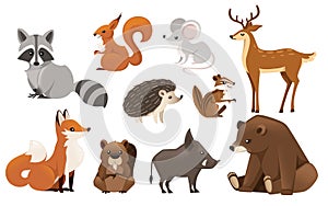 Forest animal set. Colored animal icon collection. Predatory and herbivorous mammals. Flat vector illustration isolated on white