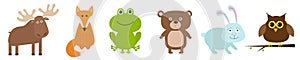 Forest animal set line. Bear hare rabbit fox moose owl frog icon. Kids education cards. Flat design. Cute kawaii cartoon funny