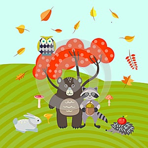 Forest animals on autumn meadow vector illustration.