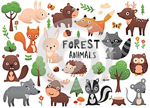 Forest animals with cute bear, fox, bunny, deer