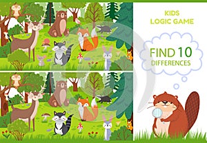 Forest animals find differences game. Educational kids games characters, woodland animal and wild forests vector cartoon