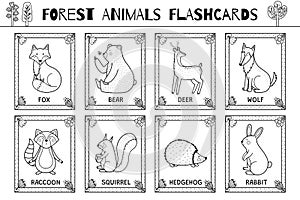 Forest animals flashcards black and white collection for kids. Flash cards set with cute woodland characters