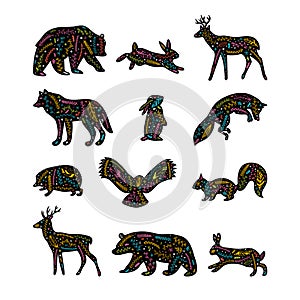 Forest animals with floral elements. Hand drawn silhouettes. Flourish ornament. Scandinavian style