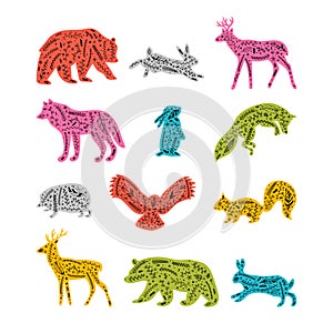 Forest animals with floral elements. Hand drawn silhouettes with flourish ornament. Wild woodland animals