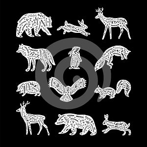 Forest animals with floral elements. Hand drawn silhouettes. Flourish ornament. Wild woodland animals