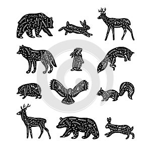 Forest animals with floral elements. Hand drawn silhouettes. Wild woodland animals. Flourish ornament