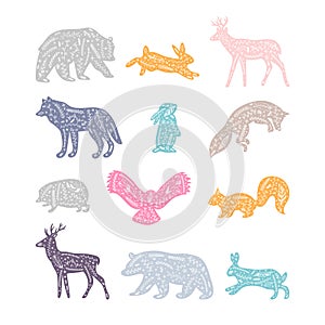 Forest animals with floral elements. Wild woodland animals. Hand drawn silhouettes. Flourish ornament