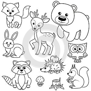 Forest animals. Fox, bear, raccon, hare, deer, owl, hedgehog, squirrel, agaric and tree stump. Black and white vector illustration photo