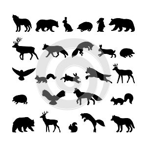 Forest animals. Hand drawn silhouettes. Black outline wild woodland animals. Bear, deer, wolf, fox, owl, hedgehog, squirrel, hare