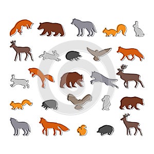 Forest animals. Hand drawn silhouettes. Outline wild woodland animals. Bear, deer, wolf, fox, owl, hedgehog, squirrel, hare