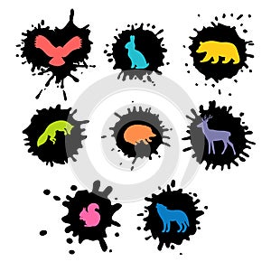 Forest animals. Hand drawn silhouettes. Wild woodland animals in a blot shape