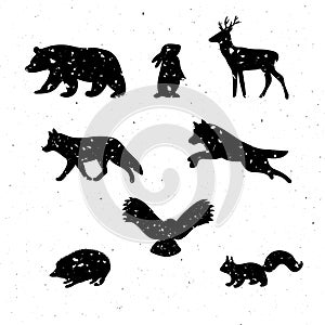 Forest animals. Hand drawn silhouettes. Wild woodland animals with grunge effect