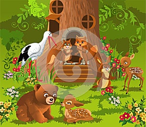 Forest animals living in the tree house