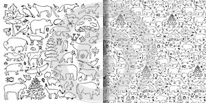 Forest animals and plants objects set and seamless pattern