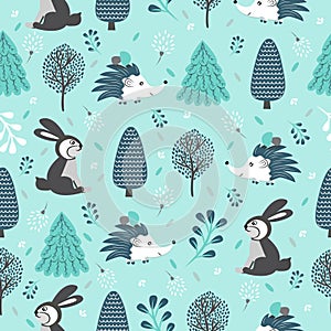Forest animals and plants pattern, green color scheme, vecton illustration