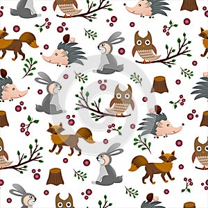 Forest animals and plants pattern multicolored, vecton illustration