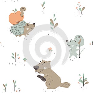 Forest animals seamleaa pattern. Cute wild fiends baby print.