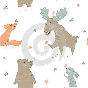 Forest animals seamleaa pattern. Cute wild fiends baby print.