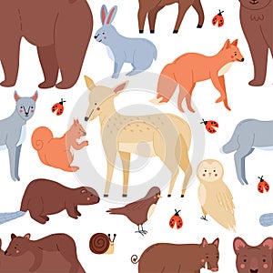 Forest animals seamless pattern with bears,fox,squirrel,hare,wolf,beaver,hog,deer.Woodland fauna collection. Flat